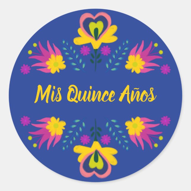 Mis Quince Anos Black Blue Yellow Mexican Fiesta Classic Round Sticker (Front)