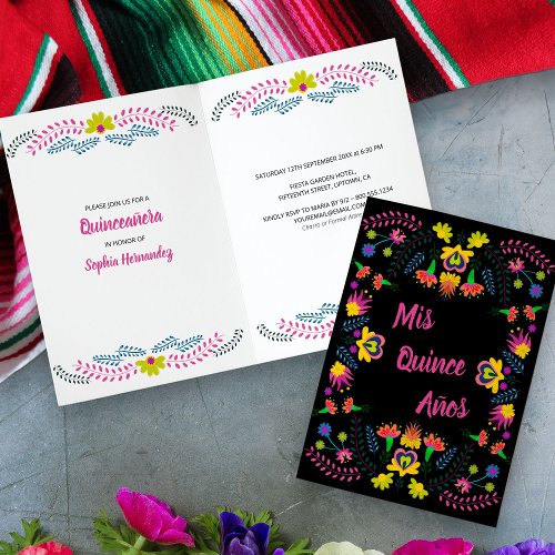 Mis Quince Anos Black Floral Mexican Fiesta Party Invitation
