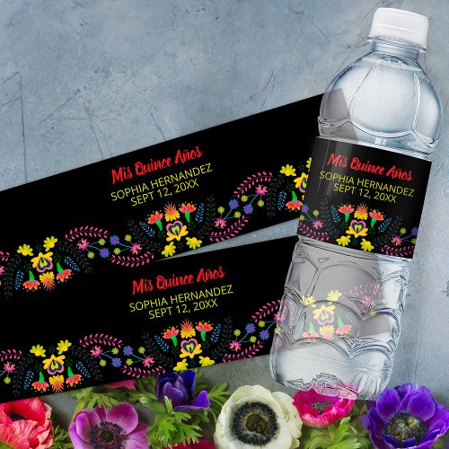 Mis Quince Anos Black Mexican Fiesta Party Water Bottle Label