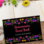 Mis Quince Anos Black Mexican Floral Quinceanera Guest Book<br><div class="desc">Personalize this super pretty, black Quinceanera Guest Book for your traditional or girly Quinceanera. The Mexican Fiesta theme has shapely borders of folk art style flowers which run seamlessly across the front and back. The front cover has beautiful calligraphy on the front cover reads "Quinceañera Guest Book" in pink, followed...</div>