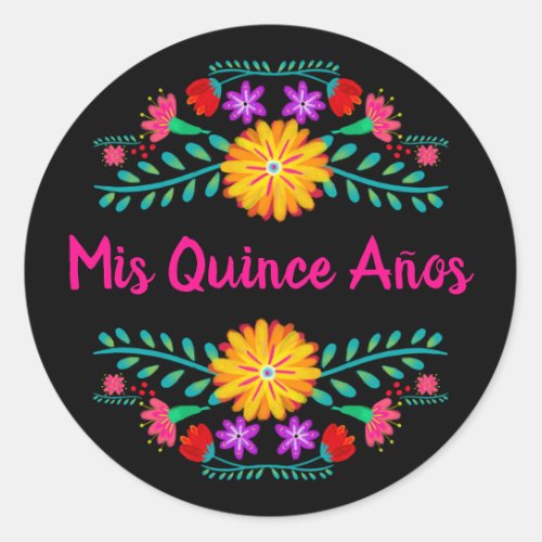 Mis Quince Anos Black Pink Mexican Fiesta Flowers Classic Round Sticker