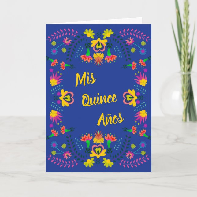 Mis Quince Anos Blue Floral Mexican Fiesta Party Invitation (Front)