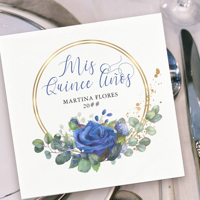Mis Quince Anos Blue Rose and Eucalyptus Party Napkins (Elegant Mis Quince Anos napkins with elegant blue rose floral arrangement in gold frame.)