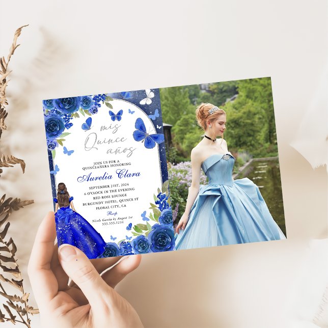 Mis Quince Anos Blue Silver Rose Quinceanera Photo Invitation (Creator Uploaded)