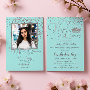 Mis Quince Anos Blue Silver Trendy Spanish Photo I Invitation