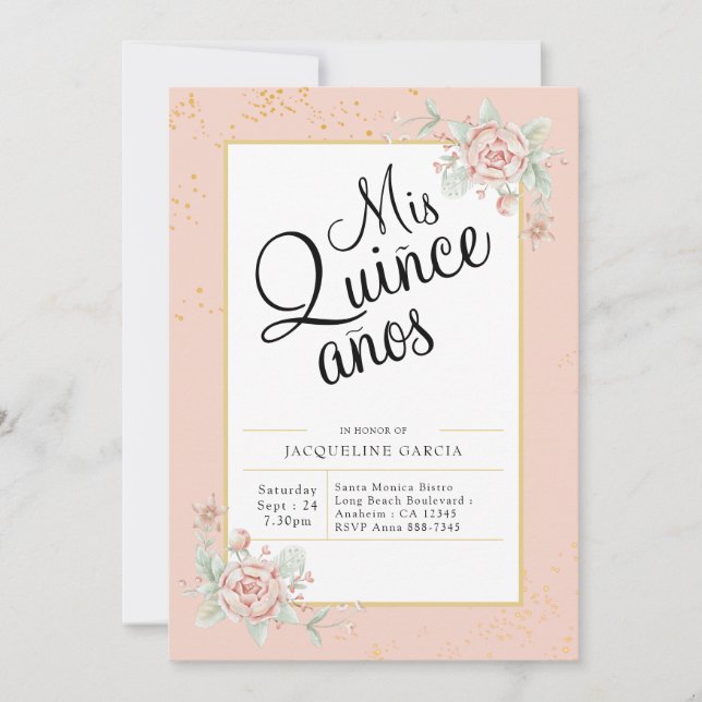 Mis Quince Anos Blush Pink Floral Quinceañera Invitation (Front)