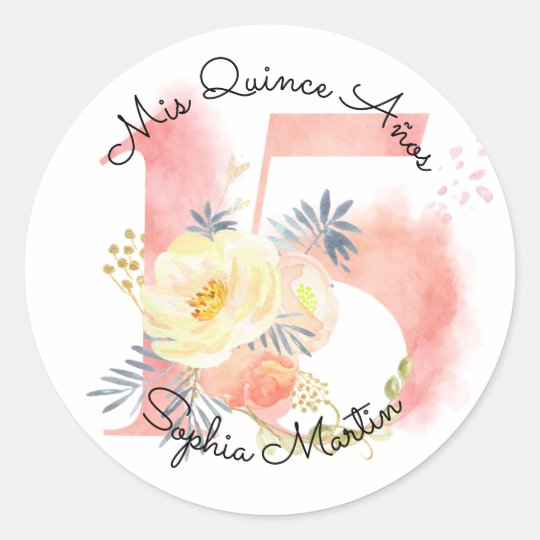 Mis Quince Anos Blush Pink Watercolor Floral 15 Classic Round Sticker | Zazzle.com