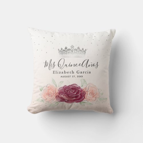Mis Quince Anos Burgundy Blush Silver Quinceanera Throw Pillow