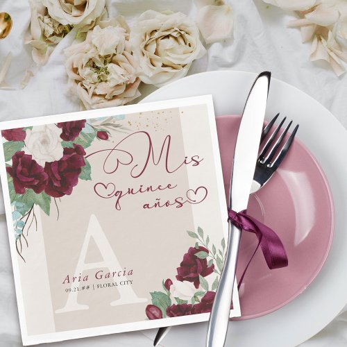 Mis Quince Anos Burgundy Ivory Floral Monogrammed Napkins