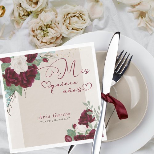 Mis Quince Anos Burgundy Ivory Floral Quinceanera  Napkins