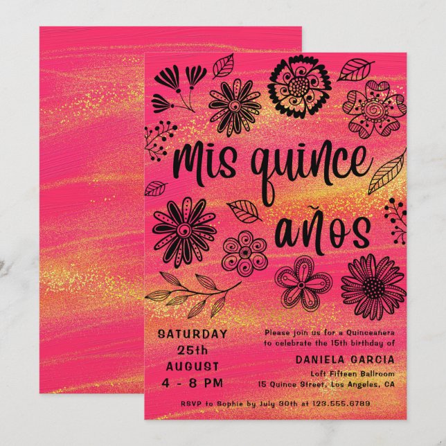 Mis Quince Años Chic Pink Floral Quinceañera Invitation (Front/Back)