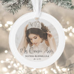 Mis Quince Años Elegant Modern Quinceañera 2 Photo Ornament<br><div class="desc">Commemorate the quinceañera's special birthday celebration with an elegant modern "Mis Quince Años" round acrylic photo Christmas ornament. The pictures and all wording on this template are simple to personalize to create your own unique keepsake. The colors, font styles and overlay opacity can be easily customized with the Zazzle Design...</div>
