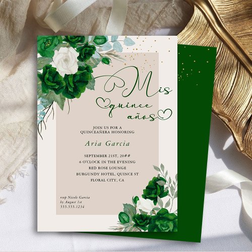 Mis Quince Anos Emerald Green Floral Quinceanera Invitation