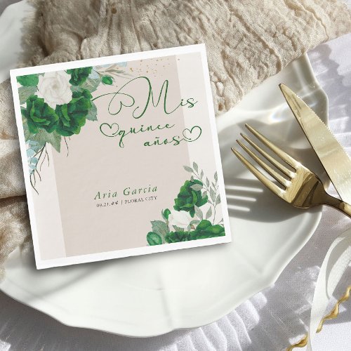 Mis Quince Anos Emerald Green Floral Quinceanera Napkins