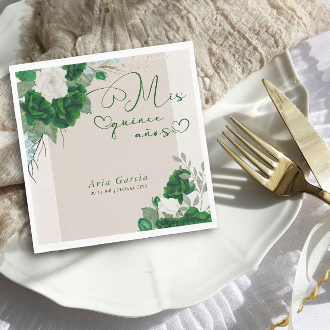 Mis Quince Anos Emerald Green Floral Quinceanera Napkins (Floral Mis Quince Napkins from the Royal Rose Emerald Green Quinceanera Collection by Darling & May)