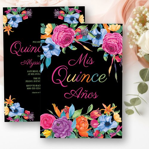 Mis Quince Anos Fiesta Flowers Black Quinceanera Invitation