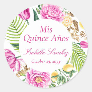 Mis Quince Años Floral Peonies Lemons Quinceañera Classic Round Sticker