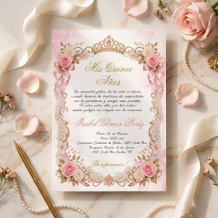 Mis Quince Años, Gold Tiara pink floral Invitation