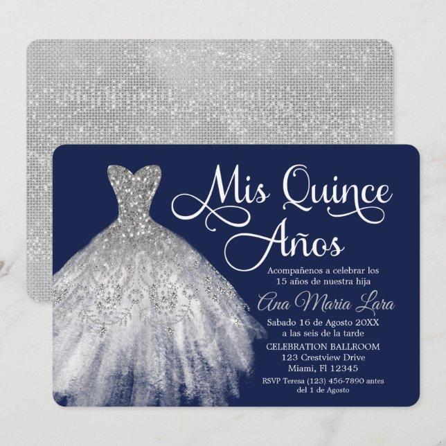 Mis Quince Años Invitación de Quinceañera Azul Invitation (Front/Back)