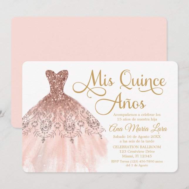 Mis Quince Años Invitación de Quinceañera Rosada Invitation (Front/Back)
