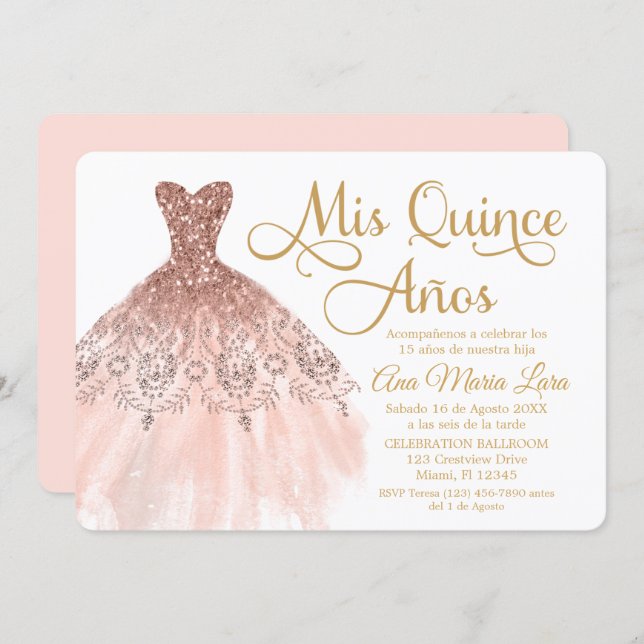 Mis Quince Años Invitación de Quinceañera Rosada Invitation (Front/Back)
