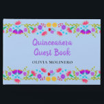 Mis Quince Anos Light Blue Floral Quinceanera Guest Book<br><div class="desc">Personalize this super pretty, light blue Quinceanera Guest Book for your girly Quinceanera. The Mexican Fiesta theme has shapely borders of folk art style flowers which run seamlessly across the front and back on a light blue background. The front cover has beautiful calligraphy on the front cover reads "Quinceañera Guest...</div>