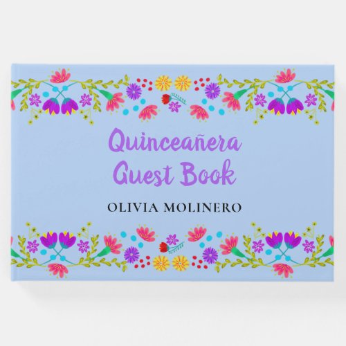 Mis Quince Anos Light Blue Floral Quinceanera Guest Book