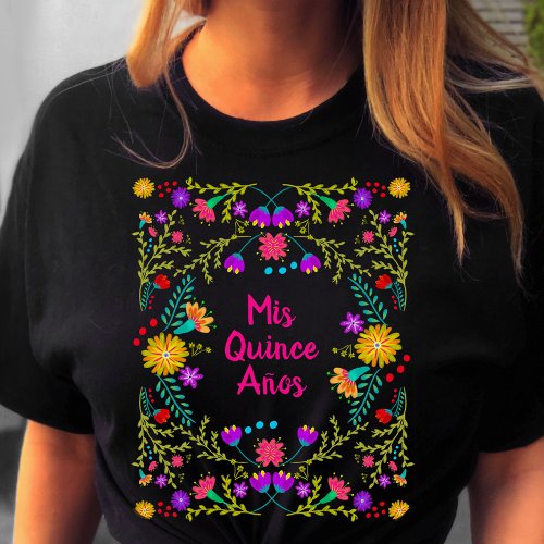 Mis Quince Anos Mexican Fiesta Black Pink Birthday T_Shirt