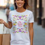 Mis Quince Anos Mexican Fiesta Floral Quinceanera T-Shirt<br><div class="desc">Pretty Quinceanera T-Shirt, which you can personalize with your name on the back, if you wish. Colorful floral design with Mexican fiesta flowers and pink, hand lettered typography. The wording reads "Mis Quince Anos" - perfect as a 15th birthday party gift or for the Quinceanera to wear during all the...</div>
