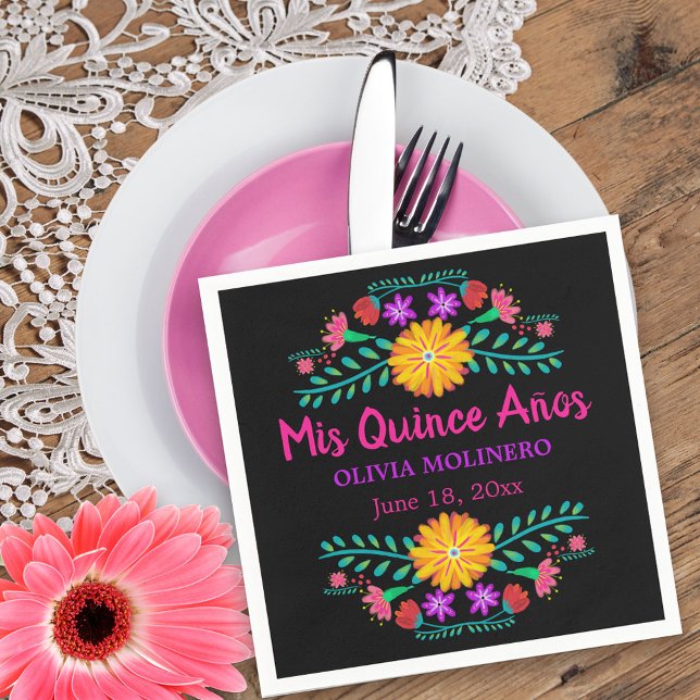 Mis Quince Anos Mexican Fiesta Quincenera Black Napkins (Mis Quince Quinceanera napkins from my Mexican Fiesta Floral collection
)