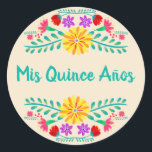 Mis Quince Anos Mexican Floral Party Invitation Classic Round Sticker<br><div class="desc">Mis Quince Años envelope seals on handy sticker sheets for your invitation envelopes, gift wrap and party decorations. This fun and vibrant design features Mexican Folk Art flowers - perfect for a Mexican Fiesta Party theme. The pretty turquoise green wording reads "Mis Quince Años" in cute calligraphy and sits between...</div>