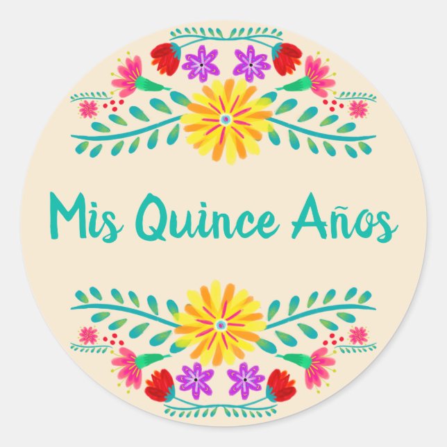 Mis Quince Anos Mexican Floral Party Invitation Classic Round Sticker (Front)