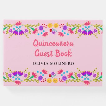 Mis Quince Anos Mexican Floral Pink Quinceanera Guest Book | Zazzle