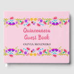 Mis Quince Anos Mexican Floral Pink Quinceanera Guest Book<br><div class="desc">Personalize this super pretty, pink Quinceanera Guest Book for your traditional or girly Quinceanera. The Mexican Fiesta theme has shapely borders of folk art style flowers which run seamlessly across the front and back. The front cover has beautiful calligraphy on the front cover reads "Quinceañera Guest Book" in pink, followed...</div>