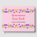 Mis Quince Anos Mexican Floral Pink Quinceanera Guest Book<br><div class="desc">Personalize this super pretty, pink Quinceanera Guest Book for your traditional or girly Quinceanera. The Mexican Fiesta theme has shapely borders of folk art style flowers which run seamlessly across the front and back. The front cover has beautiful calligraphy on the front cover reads "Quinceañera Guest Book" in pink, followed...</div>