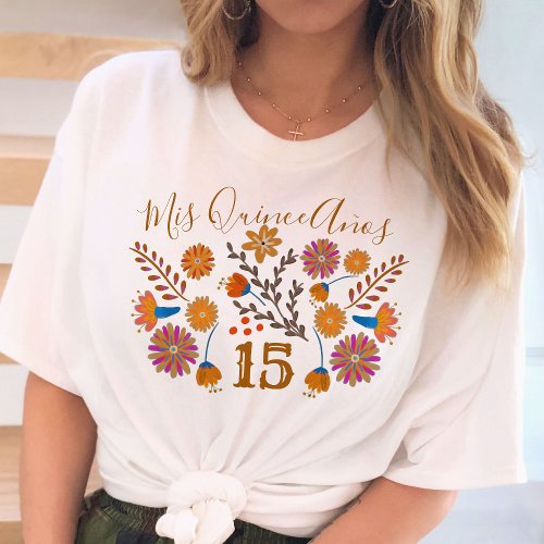 Mis Quince Anos Mexican Floral Western Birthday T_Shirt