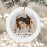 Mis Quince Años Modern Script Quinceañera 2 Photo Ceramic Ornament<br><div class="desc">Commemorate the quinceañera's special birthday celebration with an elegant modern "Mis Quince Años" round photo ceramic Christmas ornament. The pictures and all wording on this template are simple to personalize to create your own unique keepsake. The colors, font styles and overlay opacity can be customized with the Zazzle Design Editor...</div>