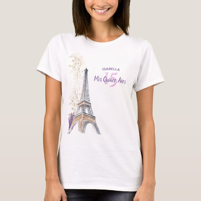 Mis Quince Anos Paris Eiffel Tower Custom Birthday T-Shirt (Front)