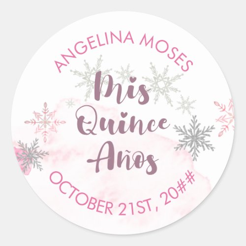 Mis Quince Anos Pink and Silver Snowflake Classic Round Sticker