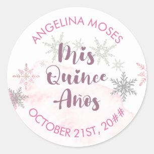 Mis Quince Anos Pink and Silver Snowflake Classic Round Sticker