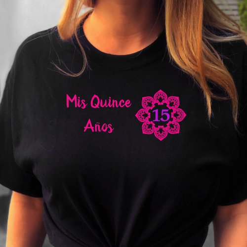 Mis Quince Anos Pink Lace Flower Quinceanera Black T_Shirt