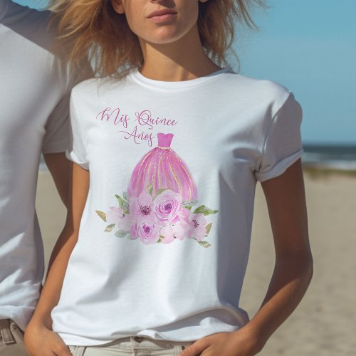 Mis Quince Anos Pink Princess Floral 15th Birthday T_Shirt