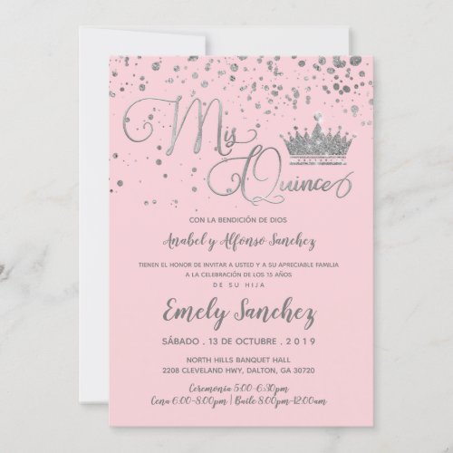 Mis Quince Anos Pink Silver Confetti Spanish Photo Invitation