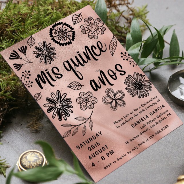 Mis Quince Años Rose Gold Chic Floral Quinceañera Invitation (Creator Uploaded)