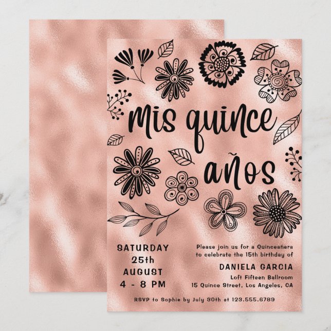 Mis Quince Años Rose Gold Floral Quinceañera  Invitation (Front/Back)
