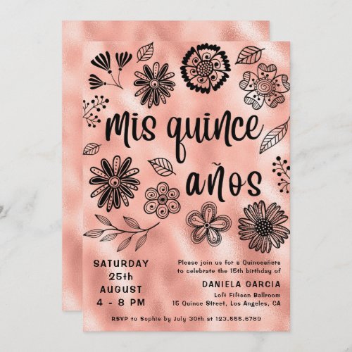 Mis Quince Aos Rose Gold Floral Quinceaera  Invitation