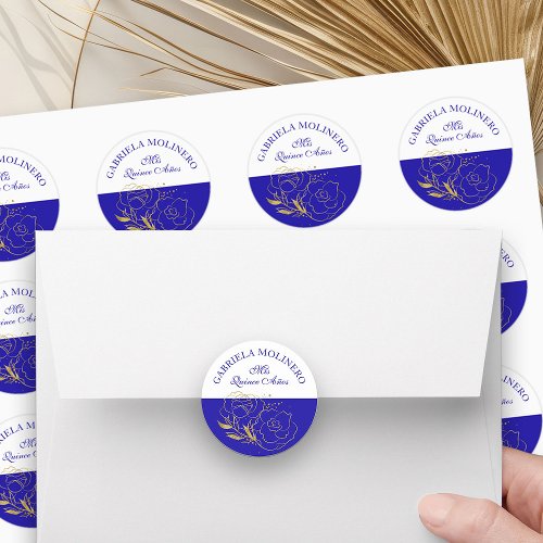 Mis Quince Anos Royal Blue and Gold Floral Classic Round Sticker