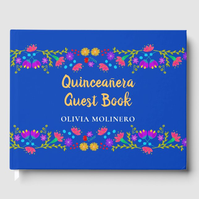 Mis Quince Anos Royal Blue Floral Quinceanera Guest Book (Front)