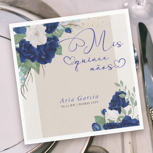 Mis Quince Anos Royal Blue Floral Quinceanera Napkins (Mis Quince Anos party napkins with sweet calligraphy and gorgeous blue and ivory rose blooms)