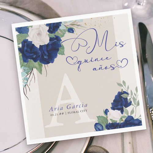 Mis Quince Anos Royal Blue Ivory Floral Monogram Napkins